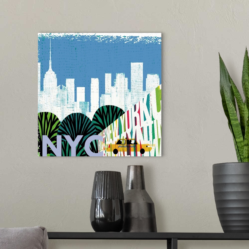 A modern room featuring Graphic art with the New York City skyline in the background and colorful illustrations in the fo...