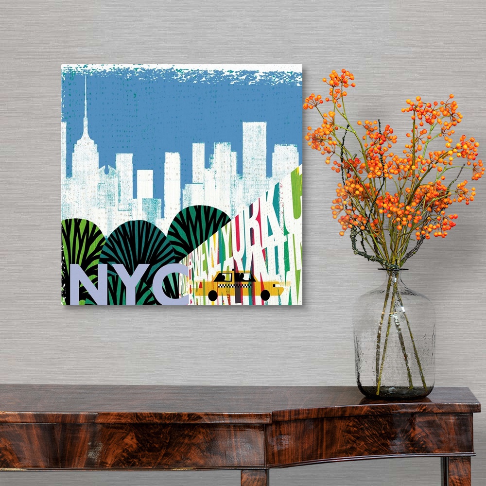 A traditional room featuring Graphic art with the New York City skyline in the background and colorful illustrations in the fo...