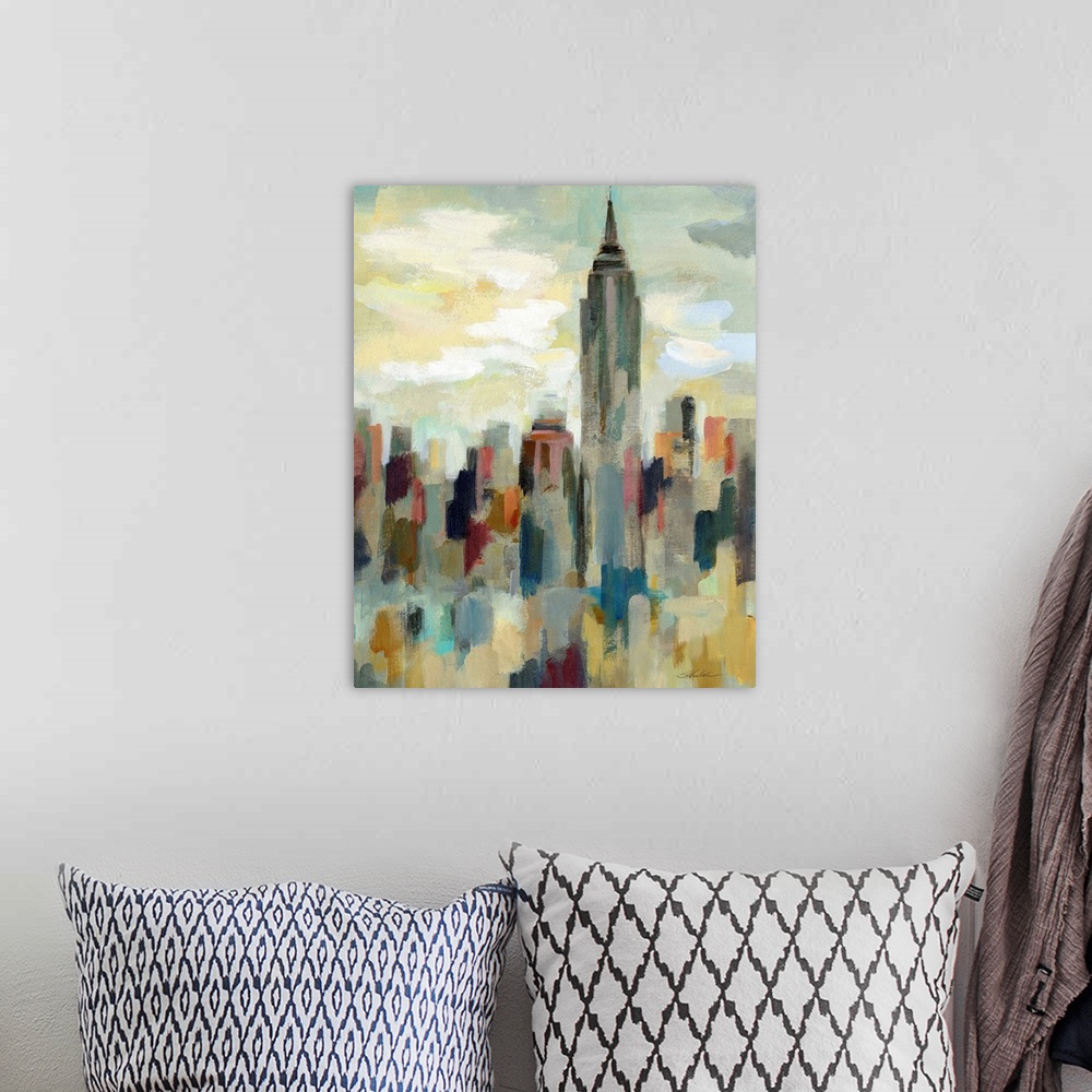 A bohemian room featuring Cityscape painting of New York City painted in an impressionistic style with the Empire State Bui...