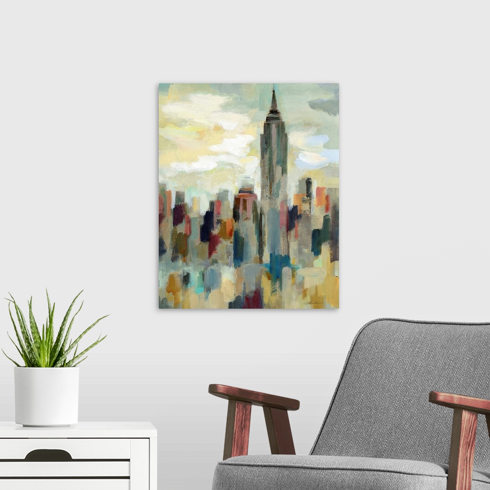 A modern room featuring Cityscape painting of New York City painted in an impressionistic style with the Empire State Bui...