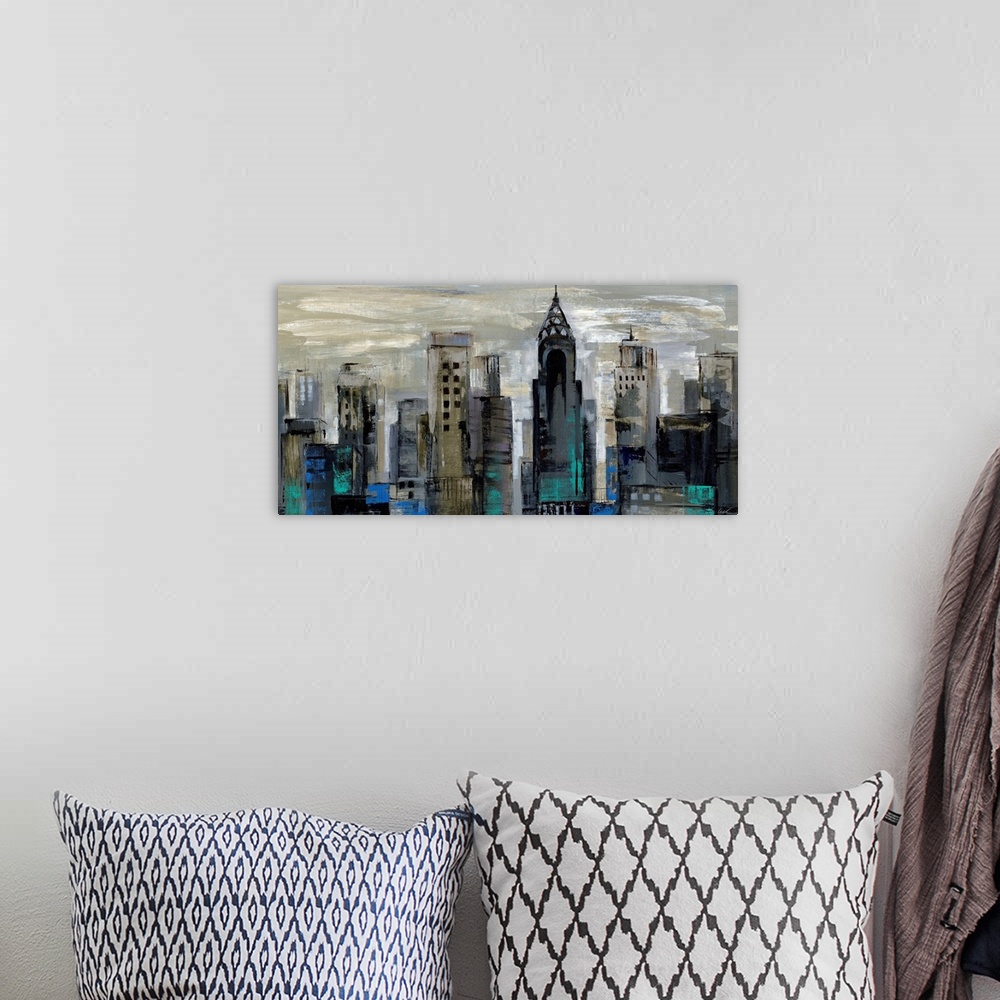 A bohemian room featuring A wide cityscape painting of New York City in abstract; the buildings were created in fast, dark ...