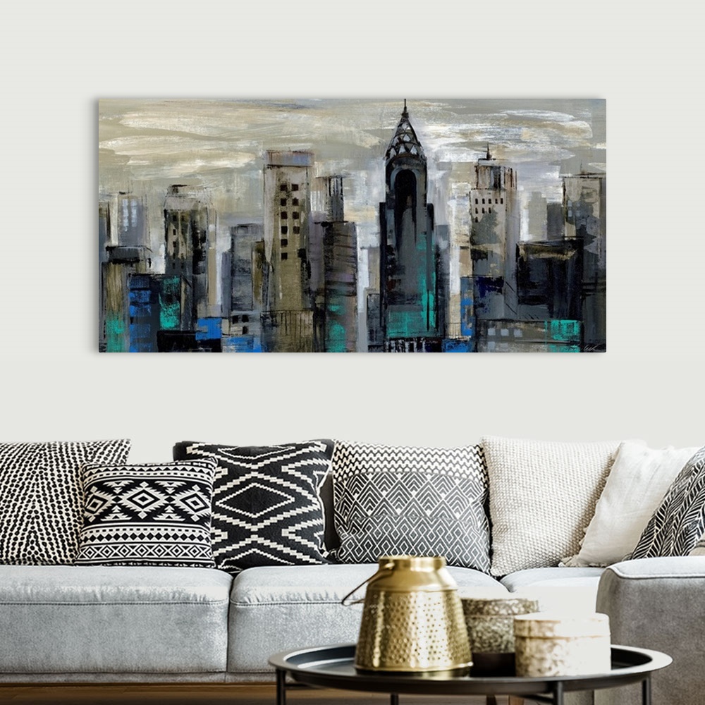A bohemian room featuring A wide cityscape painting of New York City in abstract; the buildings were created in fast, dark ...
