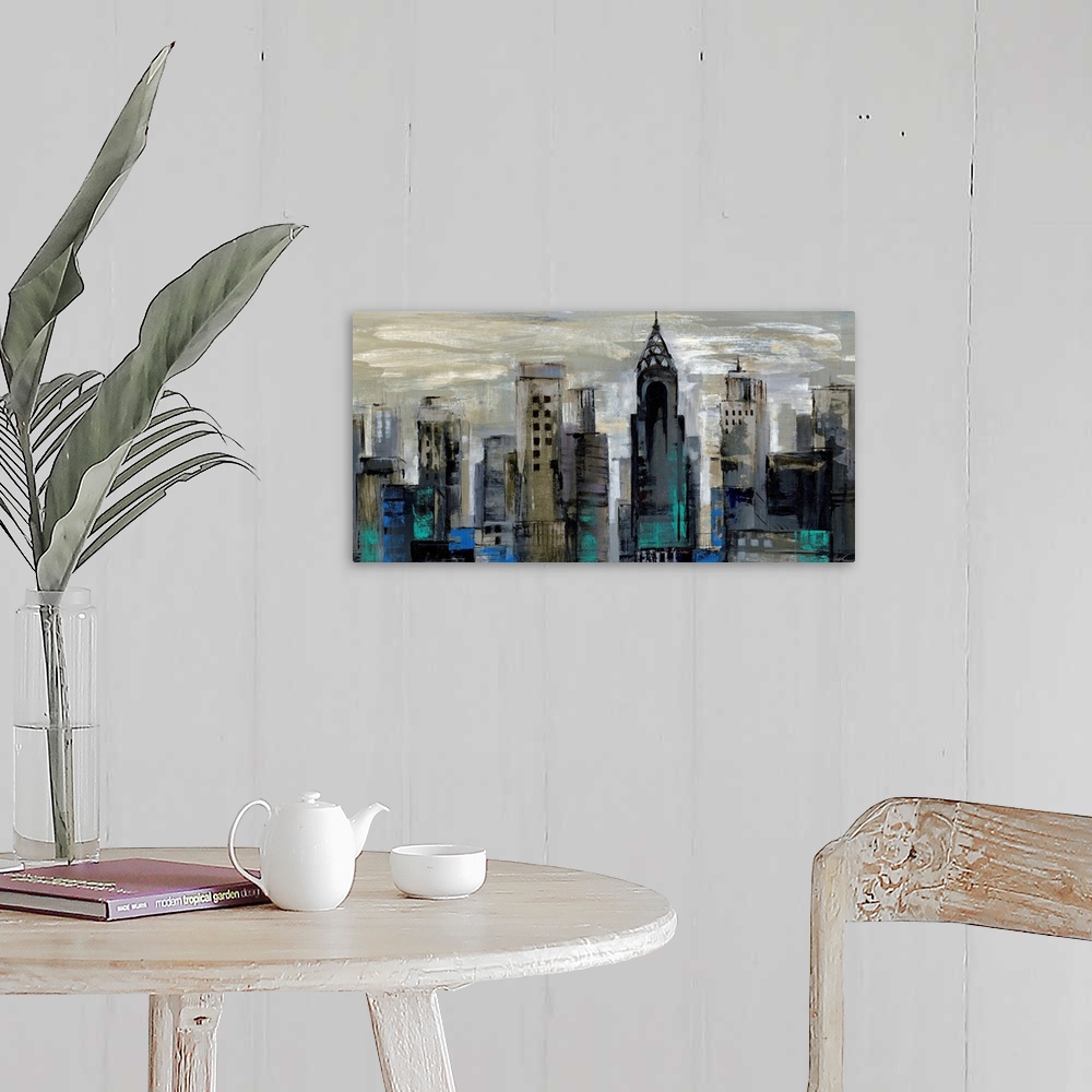 A farmhouse room featuring A wide cityscape painting of New York City in abstract; the buildings were created in fast, dark ...