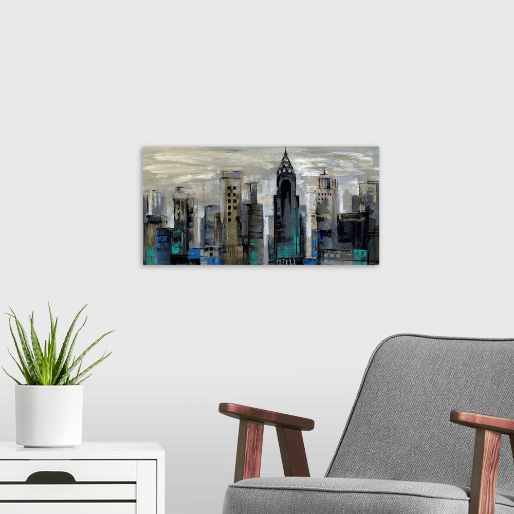 A modern room featuring A wide cityscape painting of New York City in abstract; the buildings were created in fast, dark ...