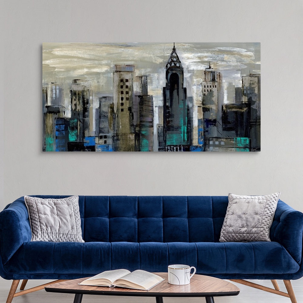A modern room featuring A wide cityscape painting of New York City in abstract; the buildings were created in fast, dark ...
