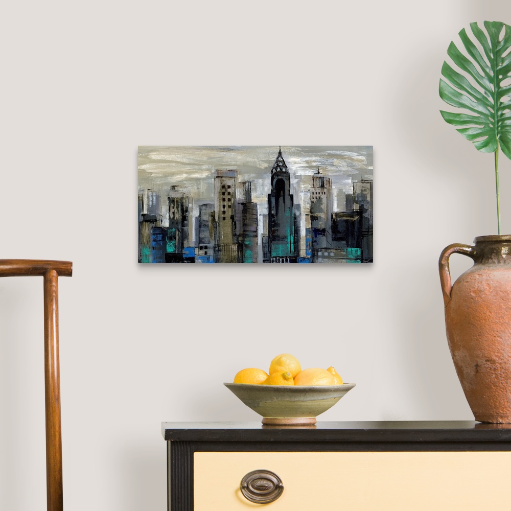 A traditional room featuring A wide cityscape painting of New York City in abstract; the buildings were created in fast, dark ...