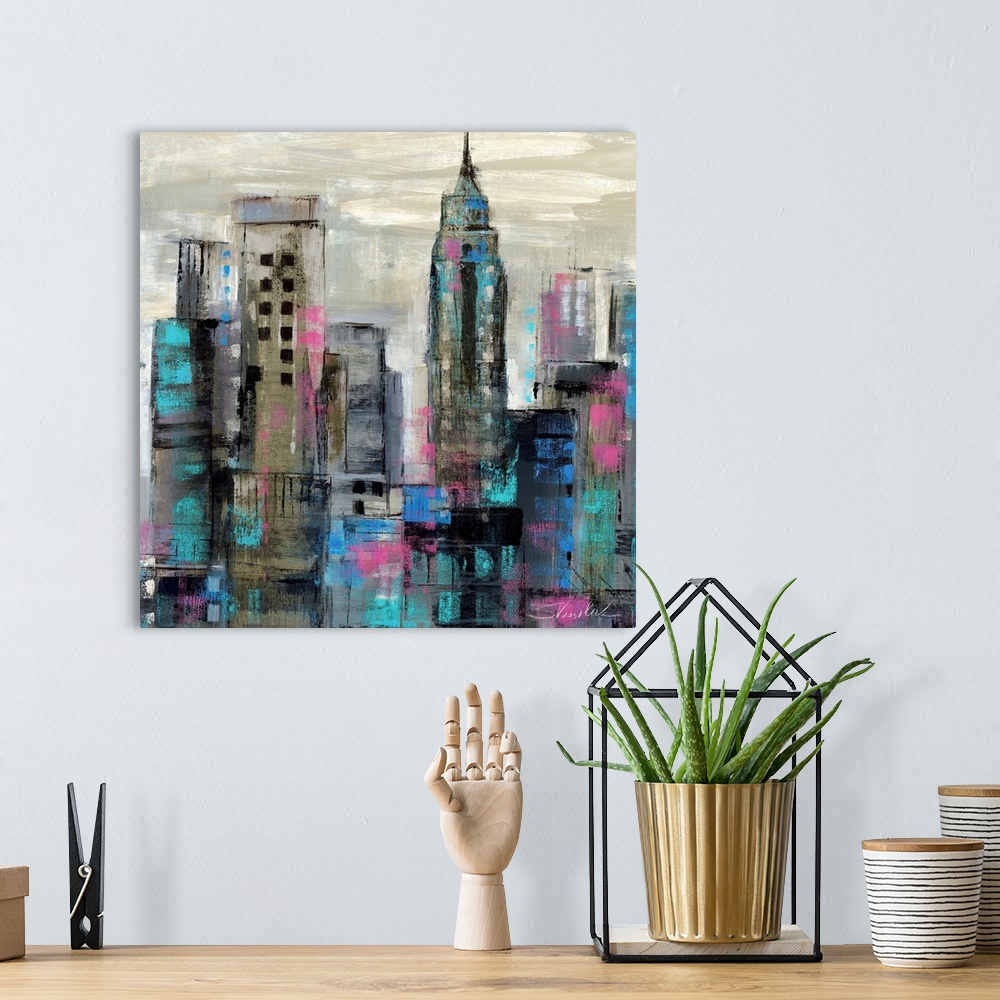 A bohemian room featuring Contemporary painting of a city skyline in dark cool tones.
