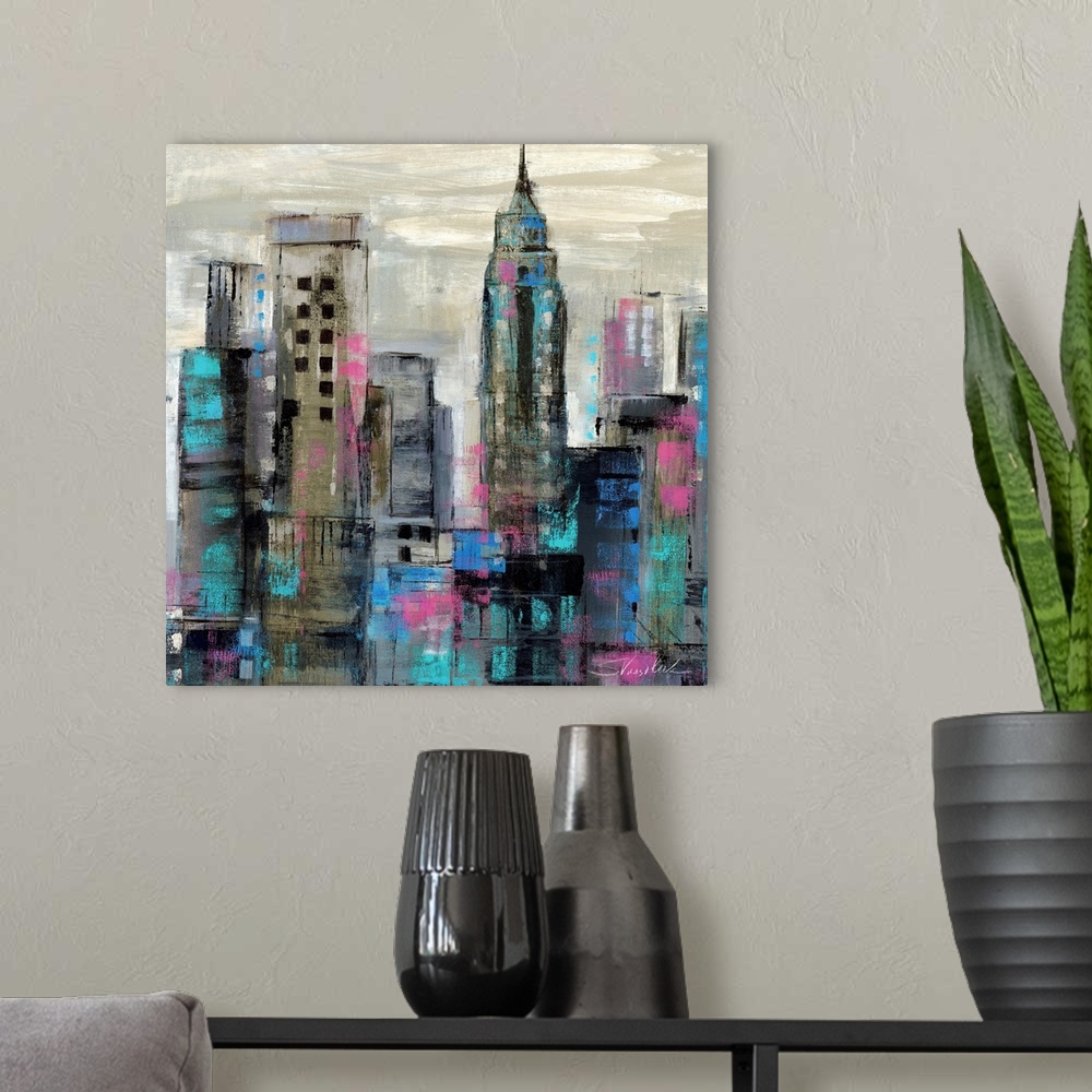 A modern room featuring Contemporary painting of a city skyline in dark cool tones.