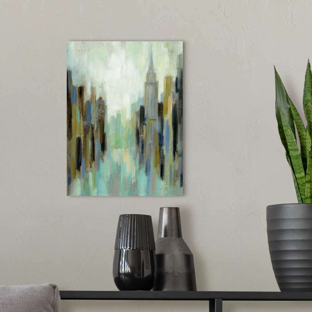 A modern room featuring Abstract painting of a New York City cityscape with the Empire State building on the right.
