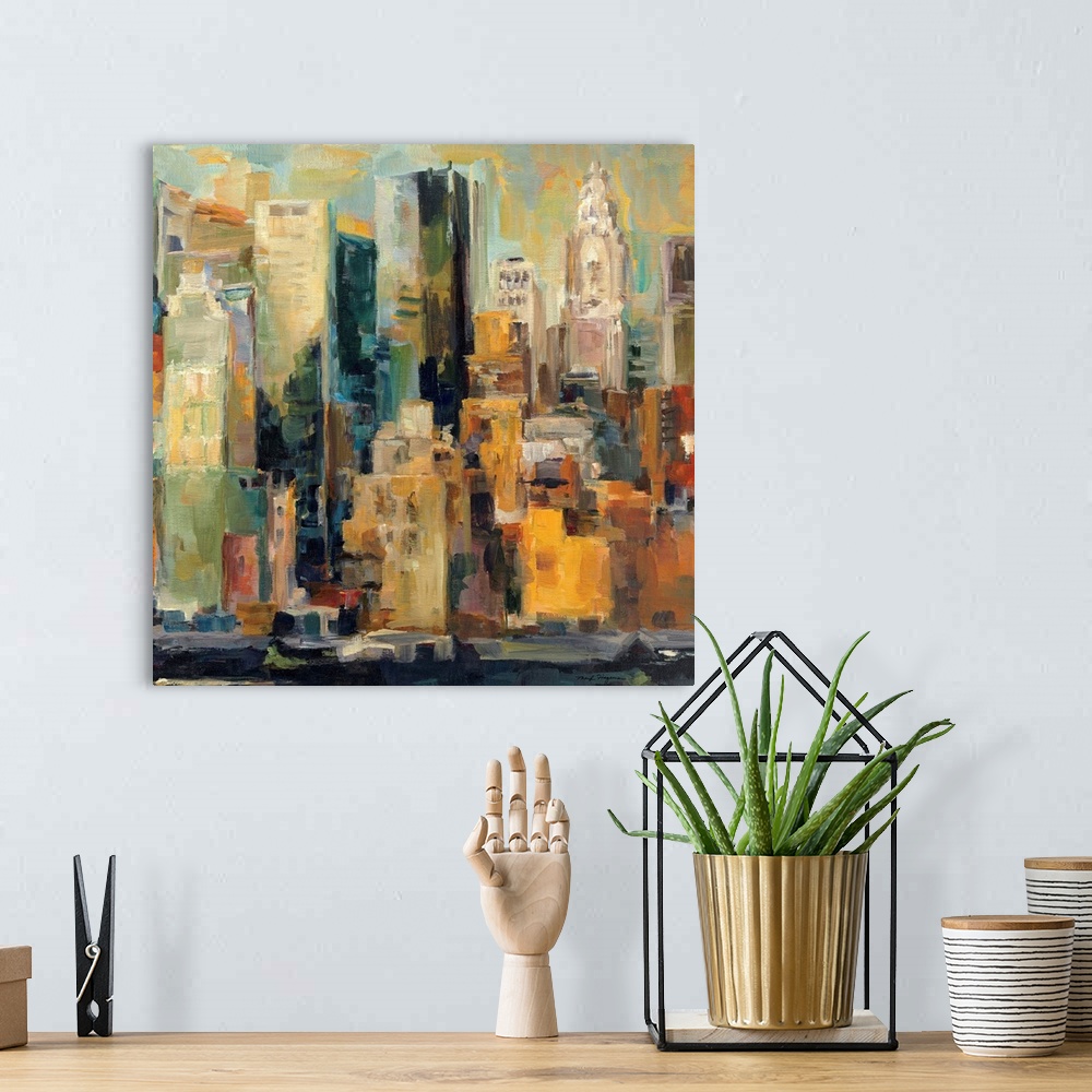 A bohemian room featuring A landscape painting of New York City on a square canvas; this painting gives the impression of l...