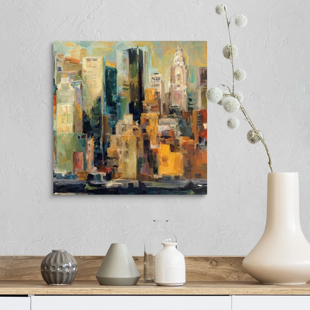 A farmhouse room featuring A landscape painting of New York City on a square canvas; this painting gives the impression of l...