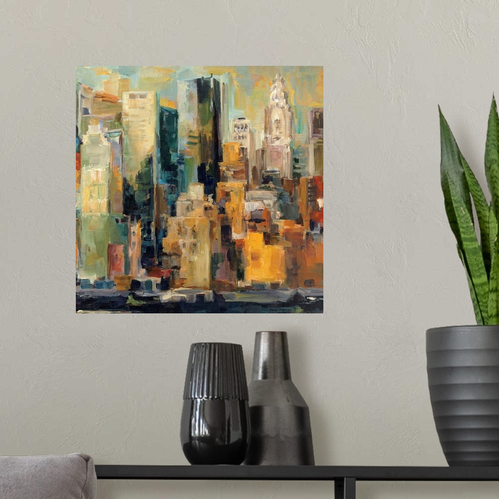 A modern room featuring A landscape painting of New York City on a square canvas; this painting gives the impression of l...
