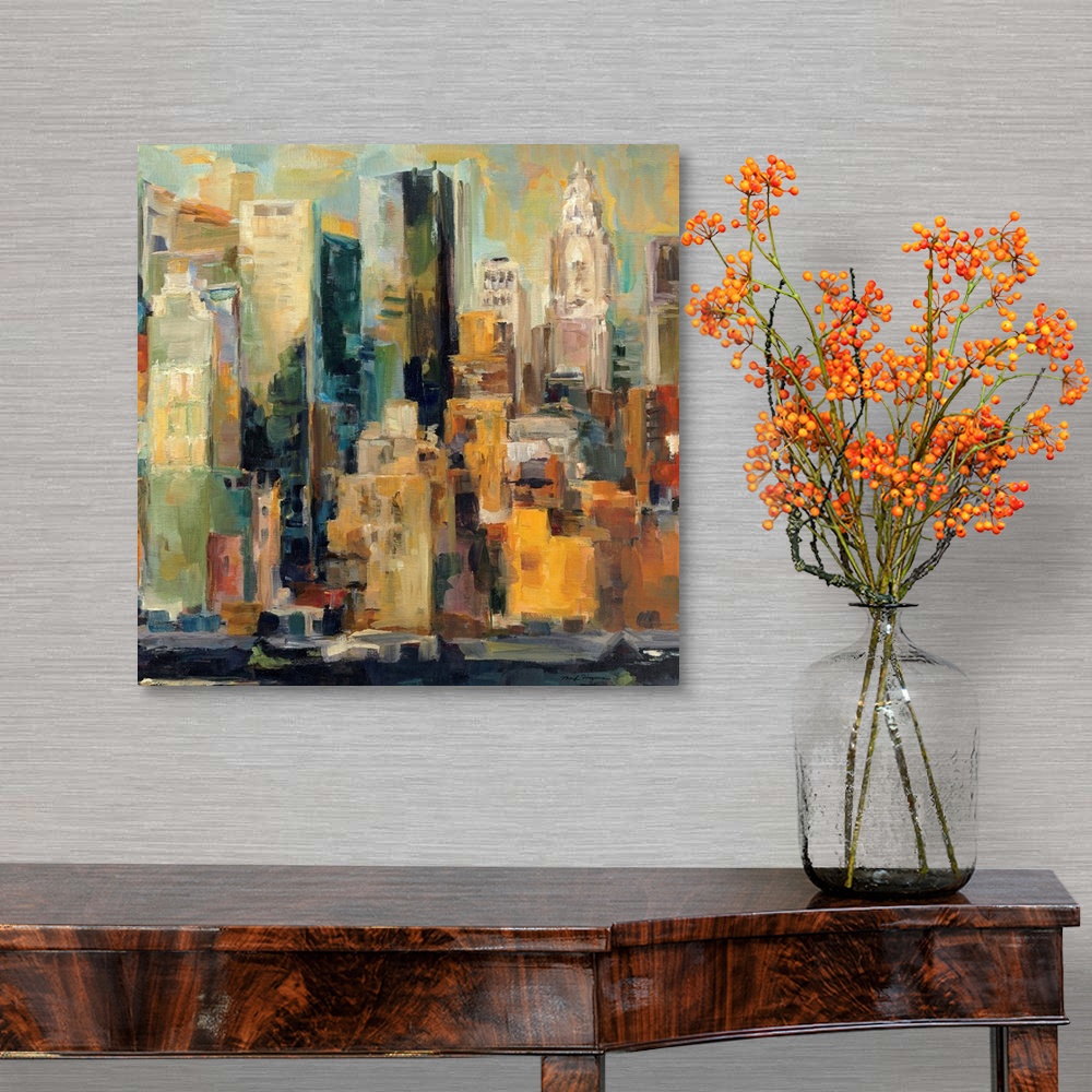 A traditional room featuring A landscape painting of New York City on a square canvas; this painting gives the impression of l...