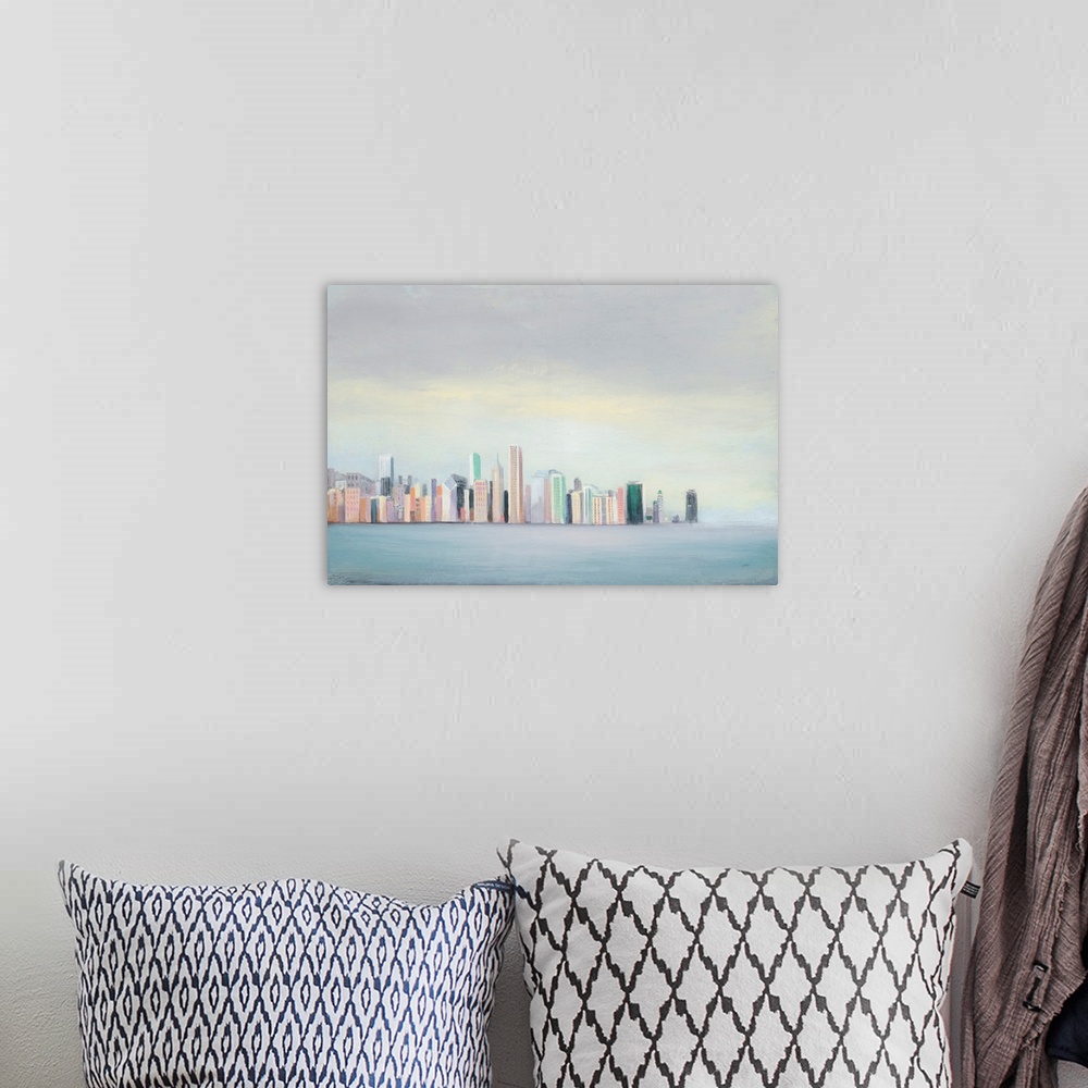A bohemian room featuring New York Skyline Blue Crop