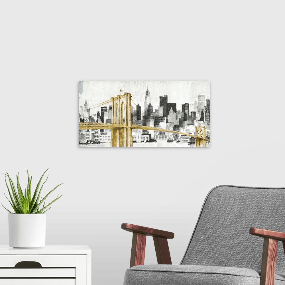 A modern room featuring New York Skyline I Yellow Bridge no Words