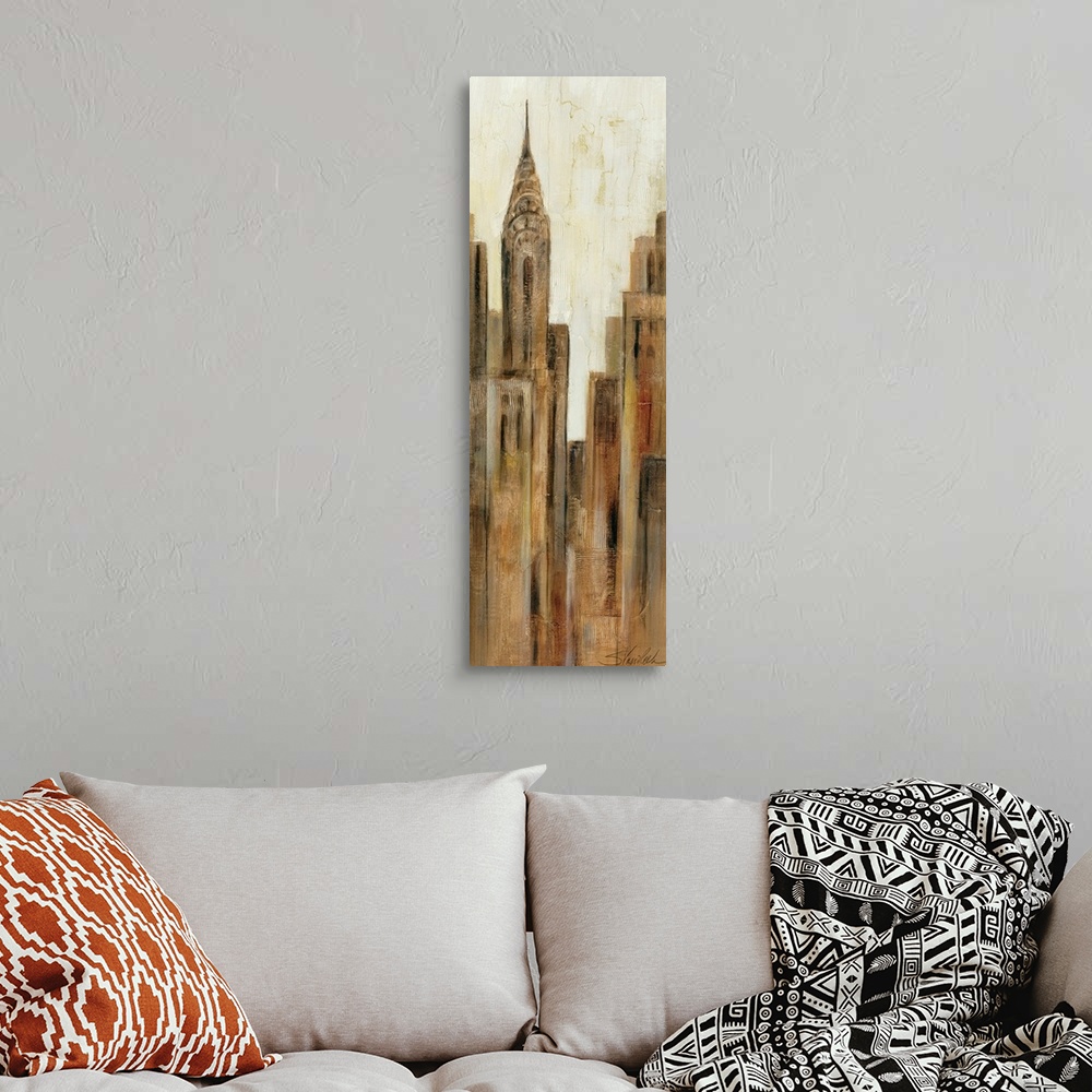 A bohemian room featuring This tall panoramic piece is a painting of just a part of the skyline in New York City.