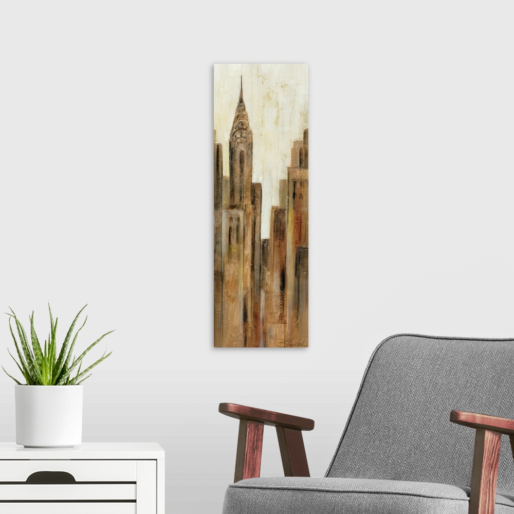 A modern room featuring This tall panoramic piece is a painting of just a part of the skyline in New York City.