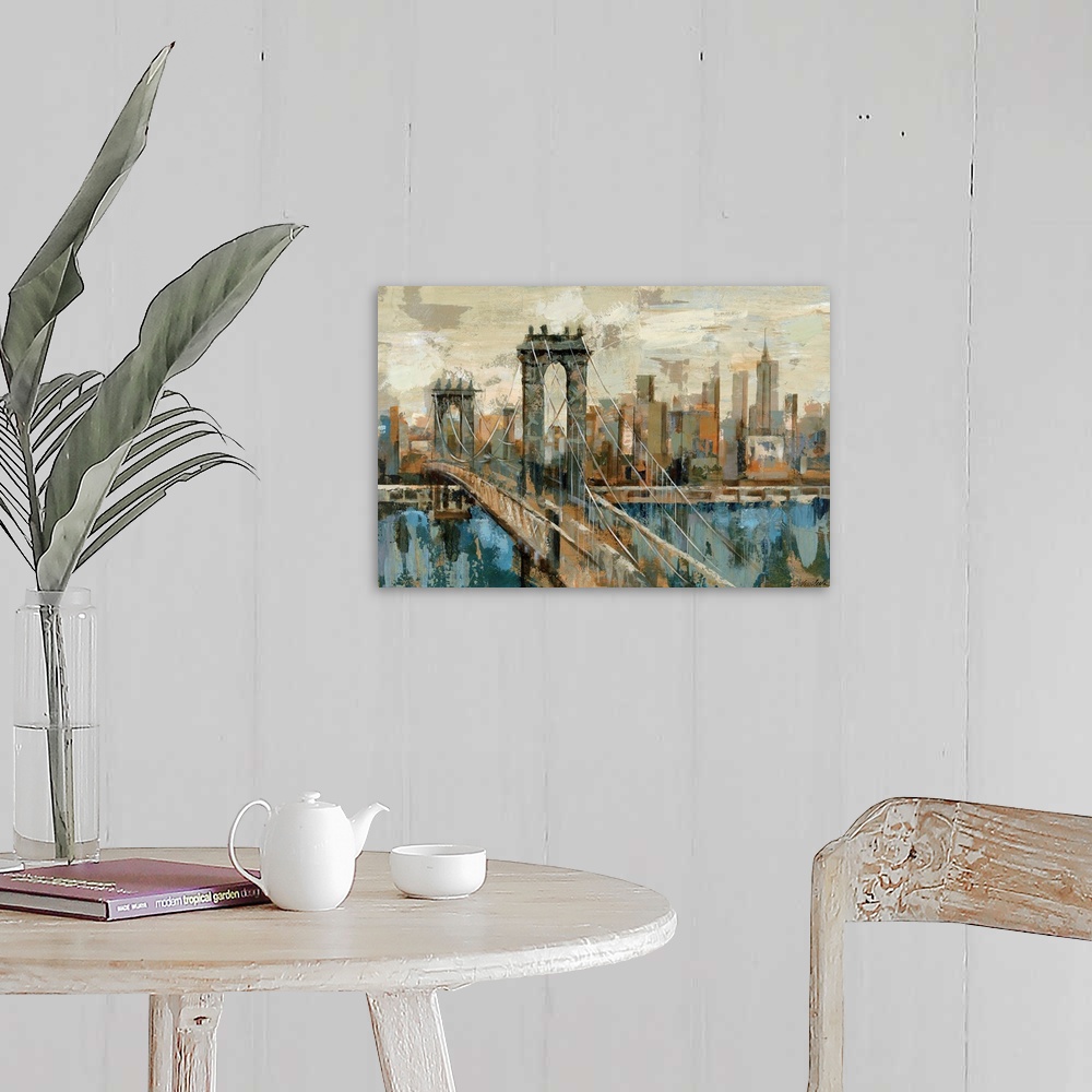 A farmhouse room featuring A contemporary painting of the New York City and a suspension bridge seen from an opposite shore ...