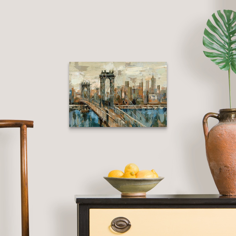 A traditional room featuring A contemporary painting of the New York City and a suspension bridge seen from an opposite shore ...