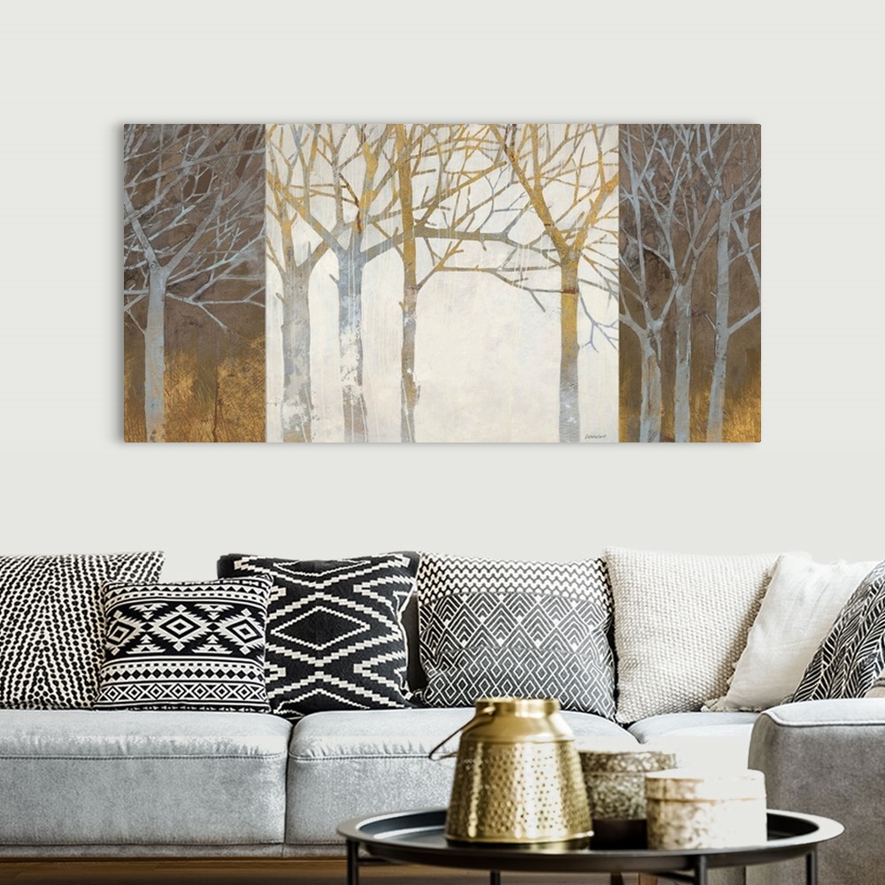 A bohemian room featuring A panoramic shaped contemporary painting of a grove of silhouetted threes against a contrasting b...