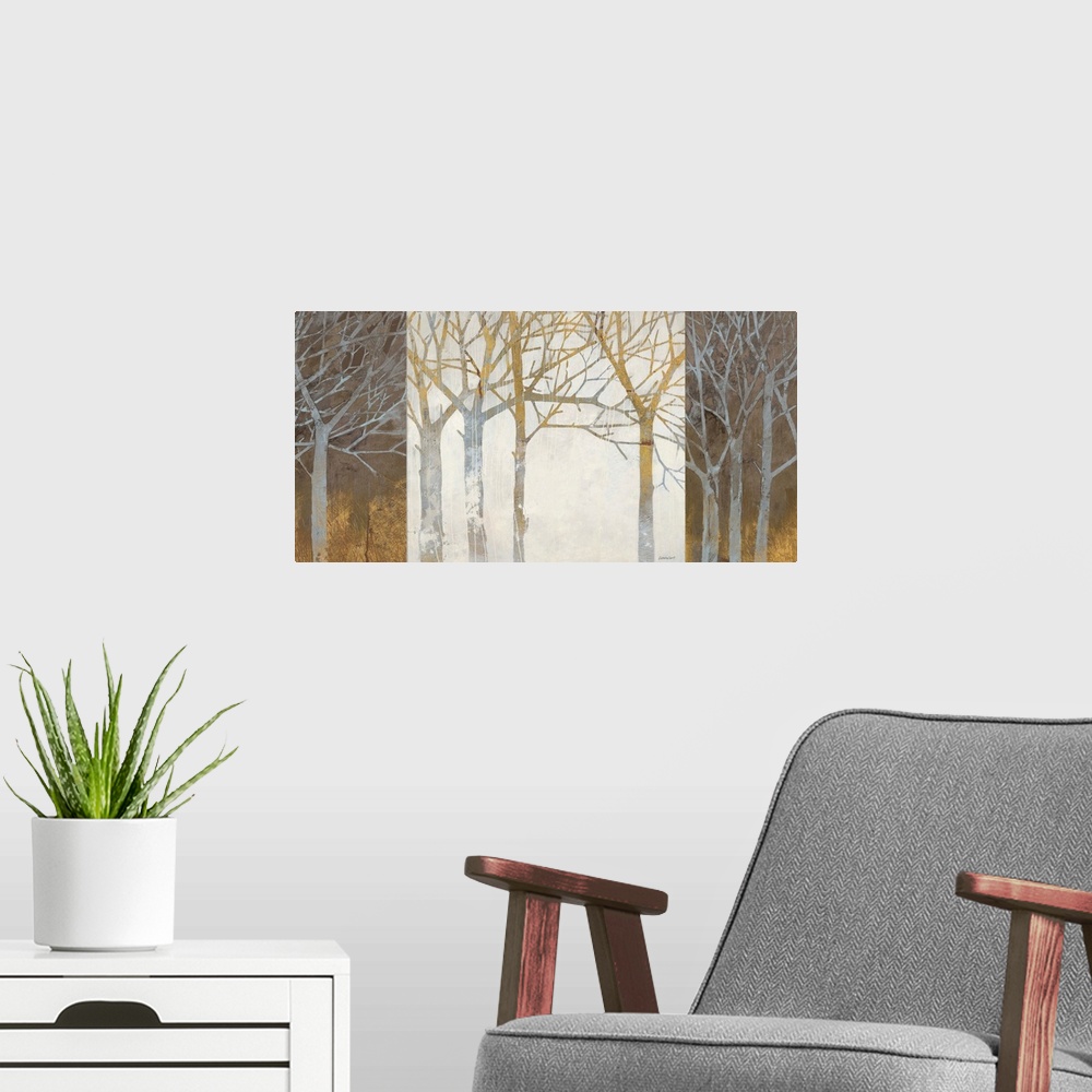 A modern room featuring A panoramic shaped contemporary painting of a grove of silhouetted threes against a contrasting b...