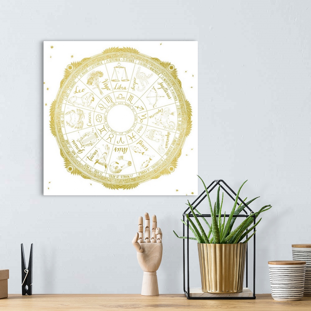 A bohemian room featuring The signs of the Zodiac in a circle gold on white.