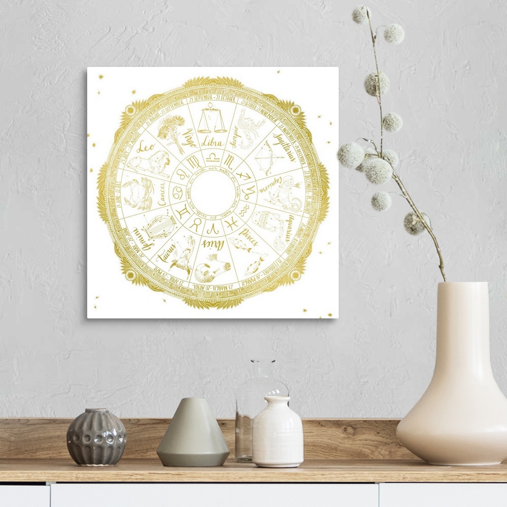 A farmhouse room featuring The signs of the Zodiac in a circle gold on white.