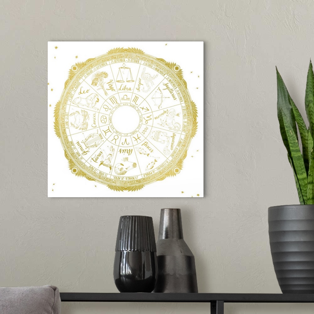 A modern room featuring The signs of the Zodiac in a circle gold on white.