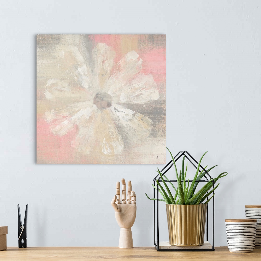 A bohemian room featuring Square decor with a painting of a single white flower on a pastel pink and gray background.