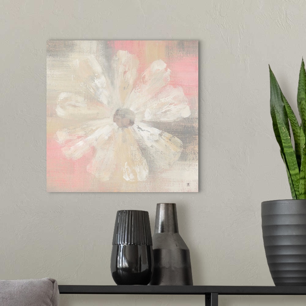 A modern room featuring Square decor with a painting of a single white flower on a pastel pink and gray background.