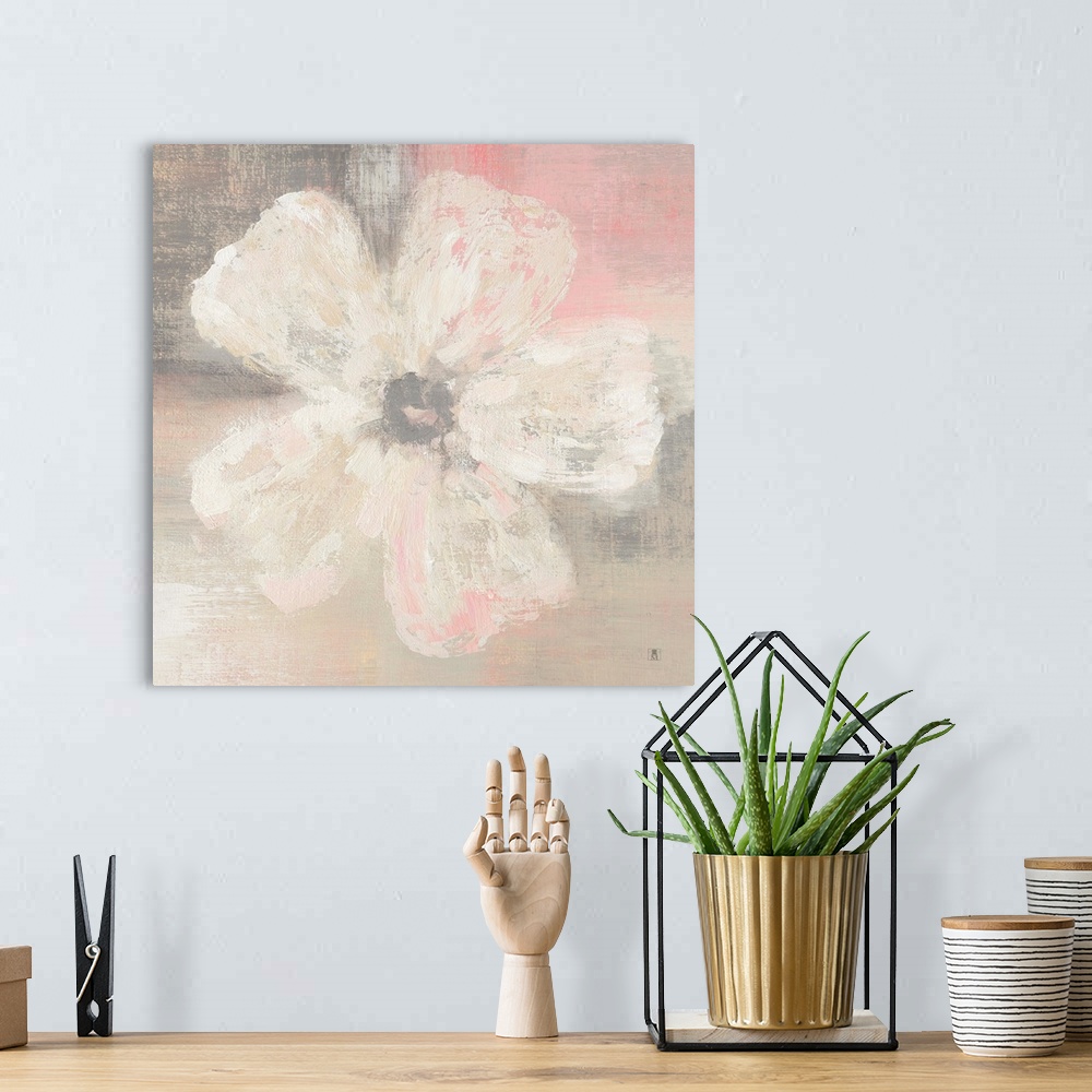 A bohemian room featuring Square decor with a painting of a single white flower on a pastel pink and gray background.