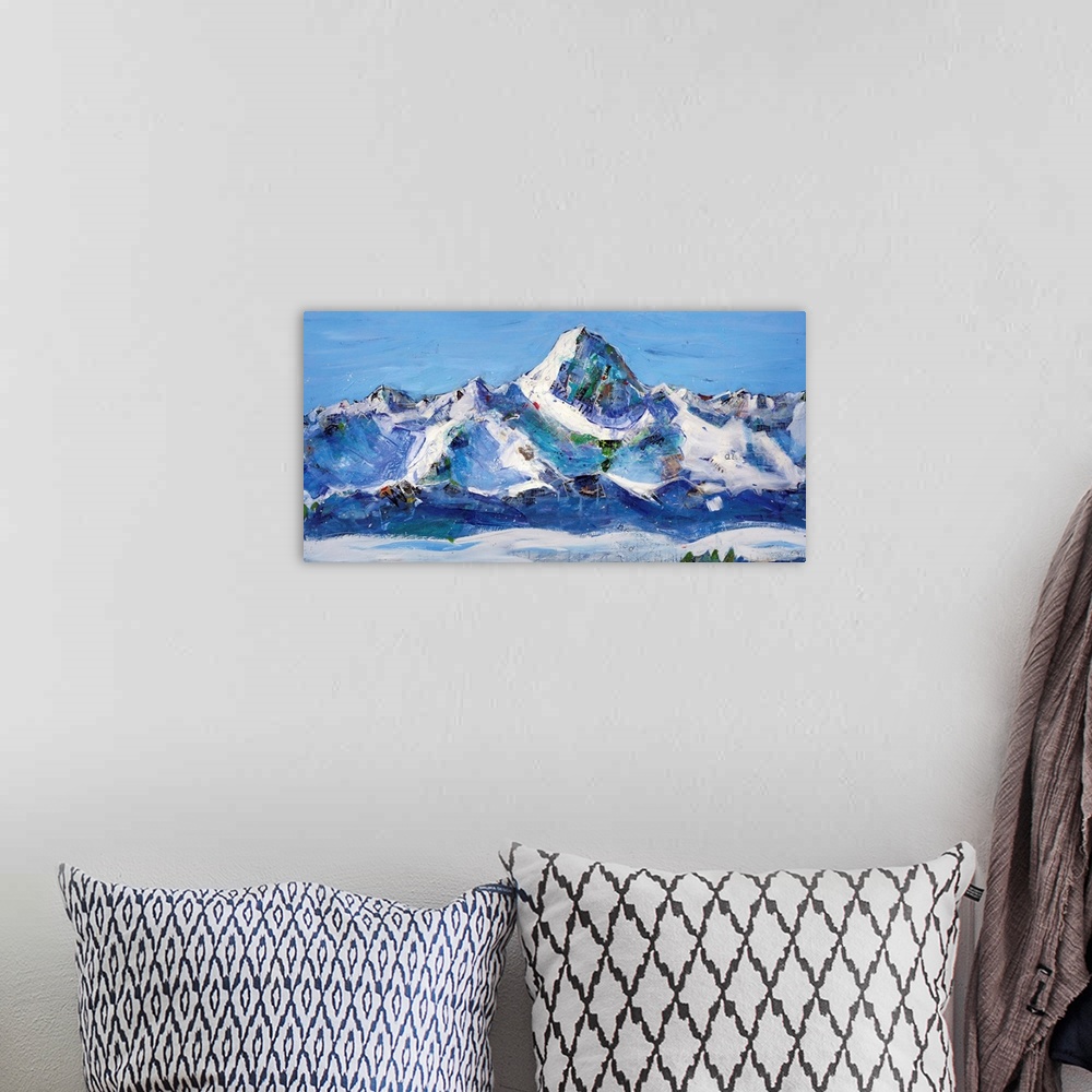 A bohemian room featuring Abstract painting of a snowy mountain landscape in cool tones.
