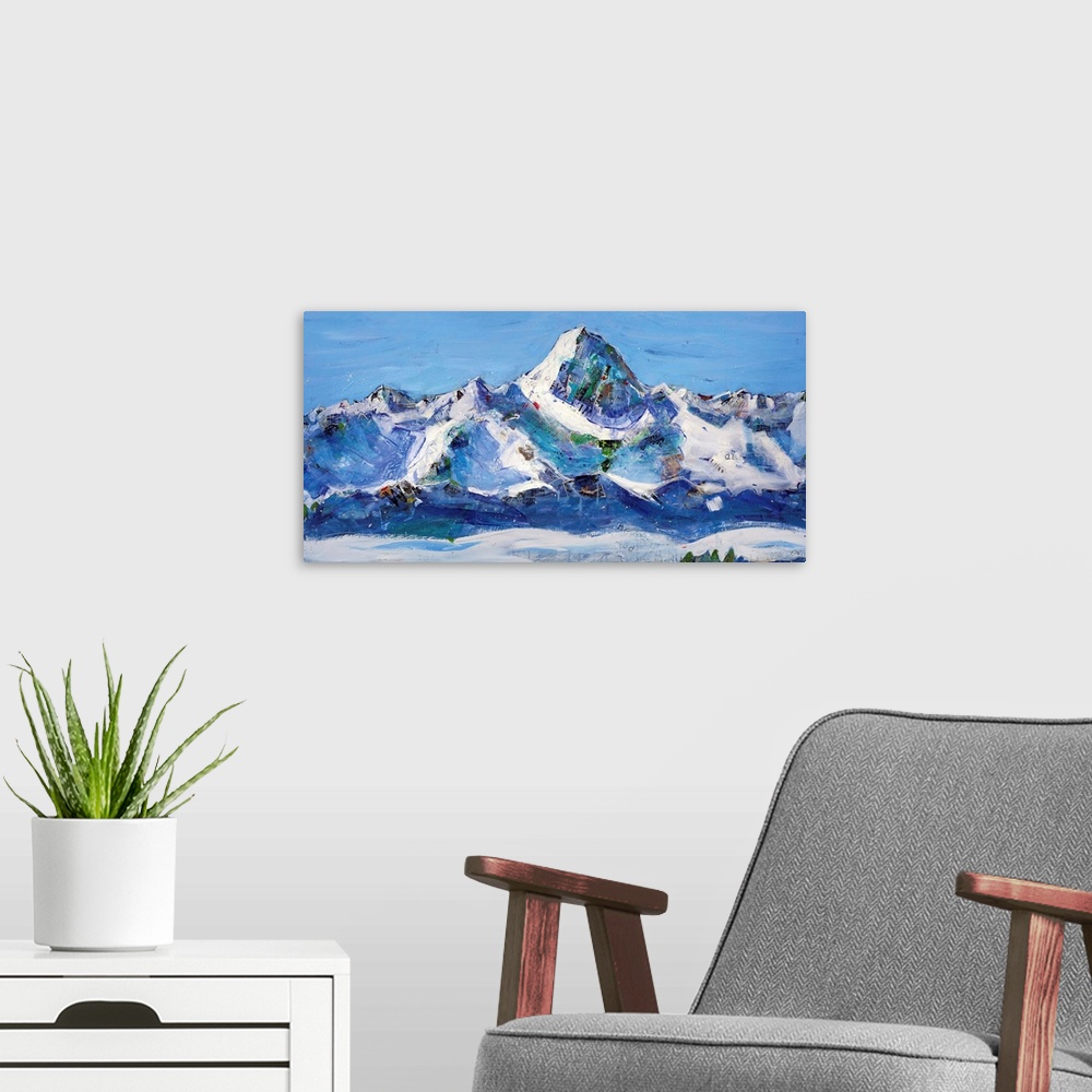 A modern room featuring Abstract painting of a snowy mountain landscape in cool tones.