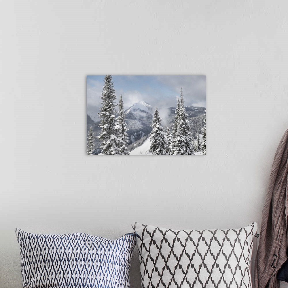 A bohemian room featuring North Cascades in fresh winter snow. Manning Provincial Park, British Columbia.