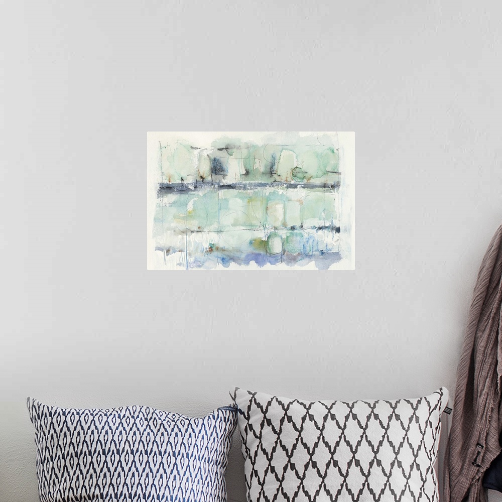 A bohemian room featuring Watercolor abstract painting in pastel blue shades.