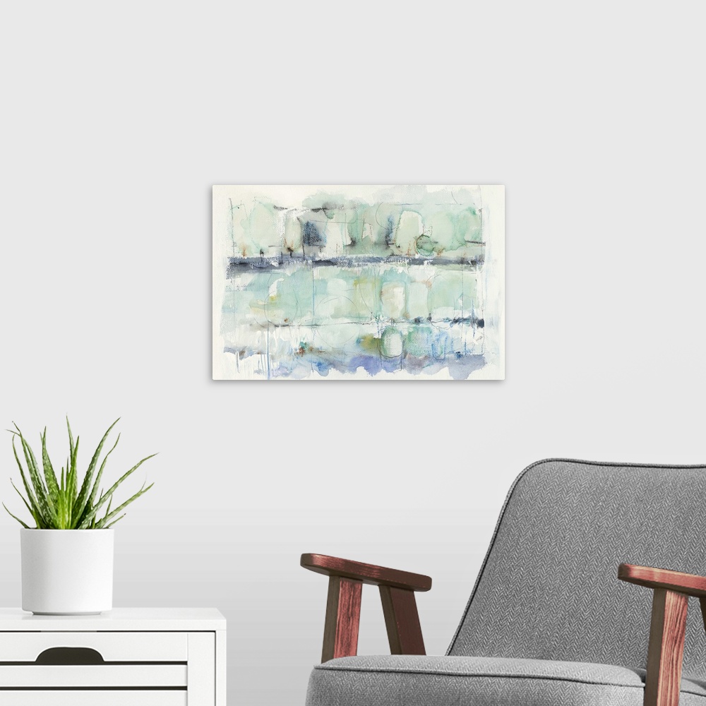 A modern room featuring Watercolor abstract painting in pastel blue shades.