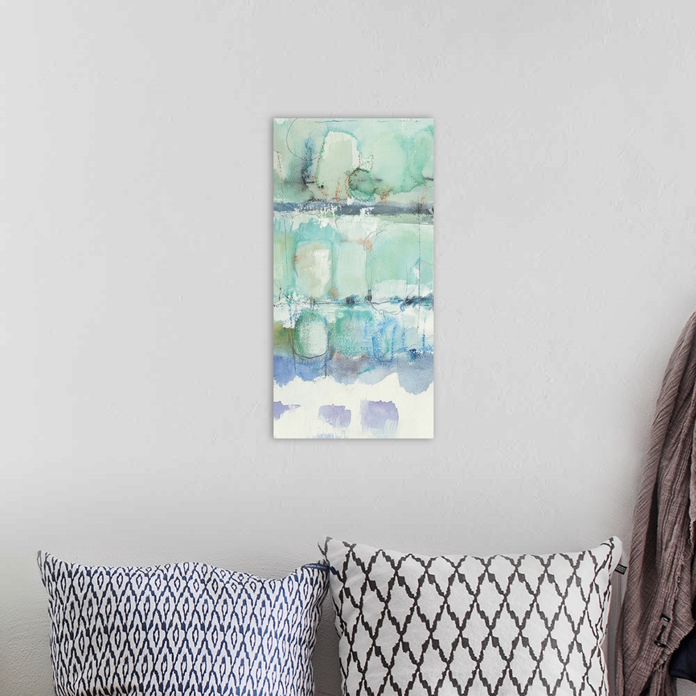 A bohemian room featuring Contemporary watercolor painting using teal, and turquoise.