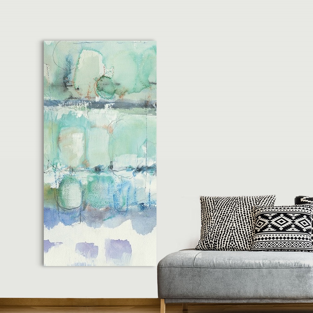 A bohemian room featuring Contemporary watercolor painting using teal, and turquoise.