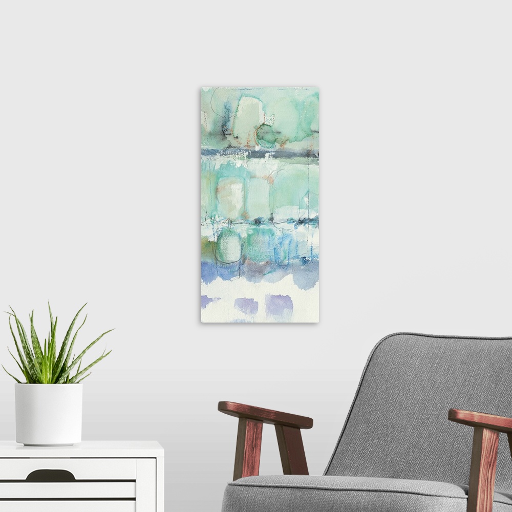 A modern room featuring Contemporary watercolor painting using teal, and turquoise.