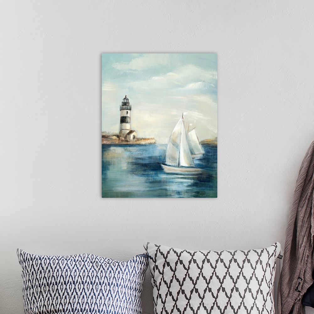 A bohemian room featuring Contemporary painting of an idyllic coastal scene, with a lighthouse in the background and a sail...