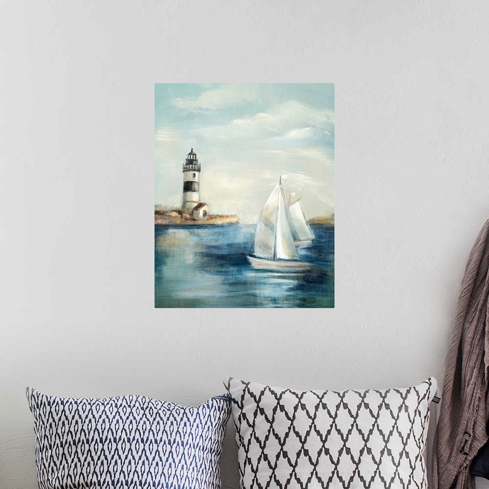 A bohemian room featuring Contemporary painting of an idyllic coastal scene, with a lighthouse in the background and a sail...