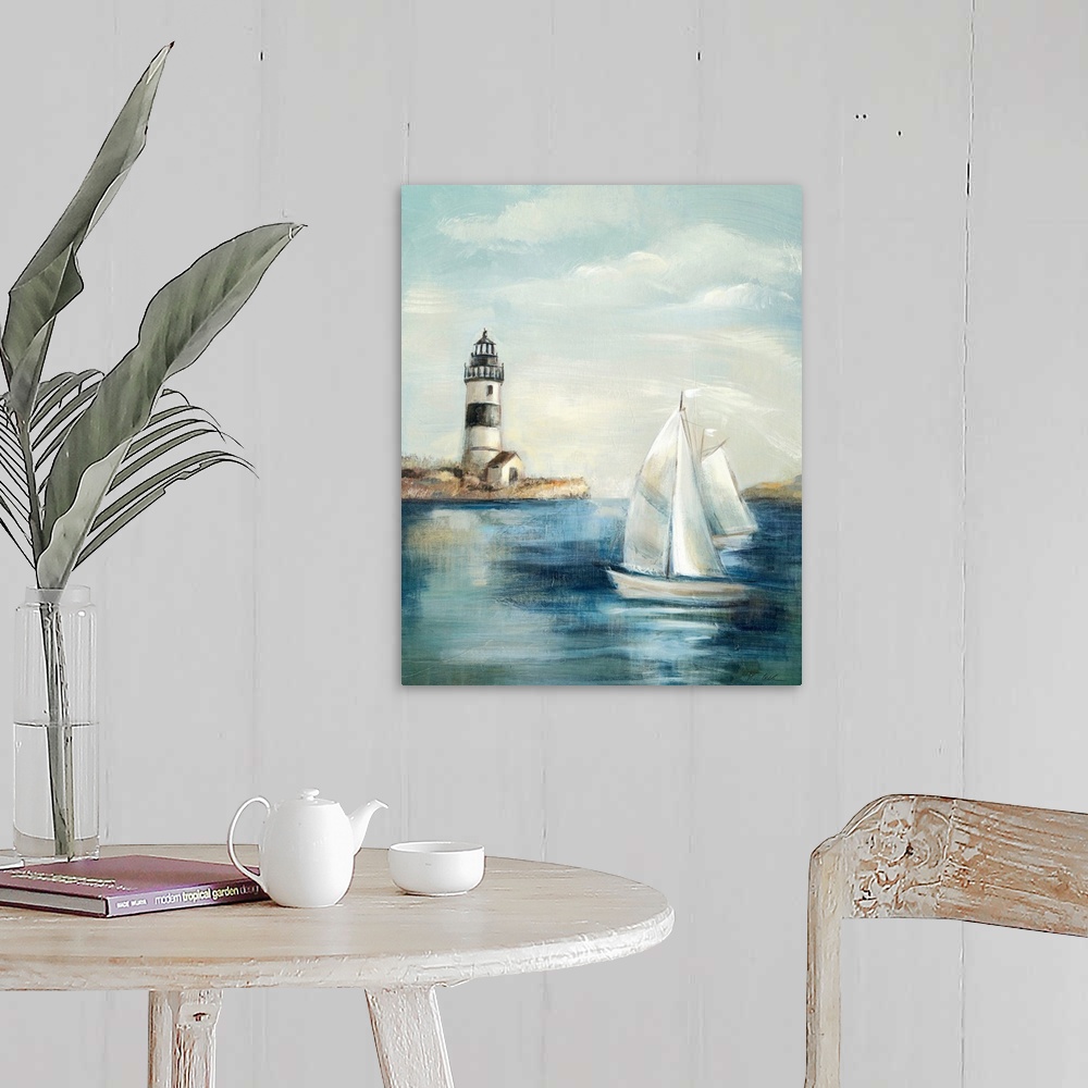 A farmhouse room featuring Contemporary painting of an idyllic coastal scene, with a lighthouse in the background and a sail...