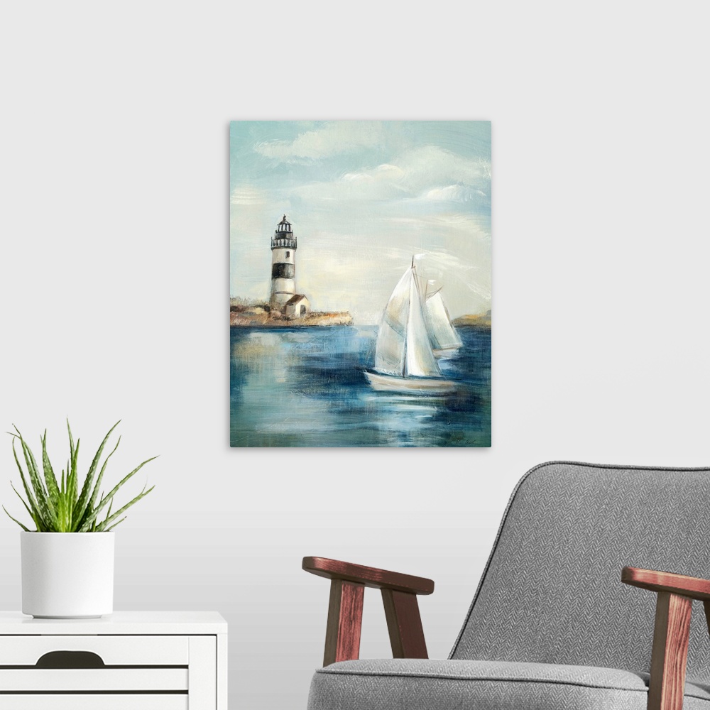 A modern room featuring Contemporary painting of an idyllic coastal scene, with a lighthouse in the background and a sail...