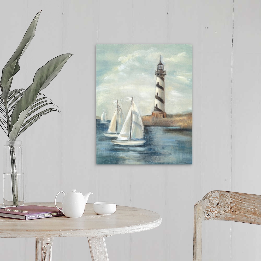 A farmhouse room featuring Contemporary painting of an idyllic coastal scene, with a lighthouse in the background and sailbo...