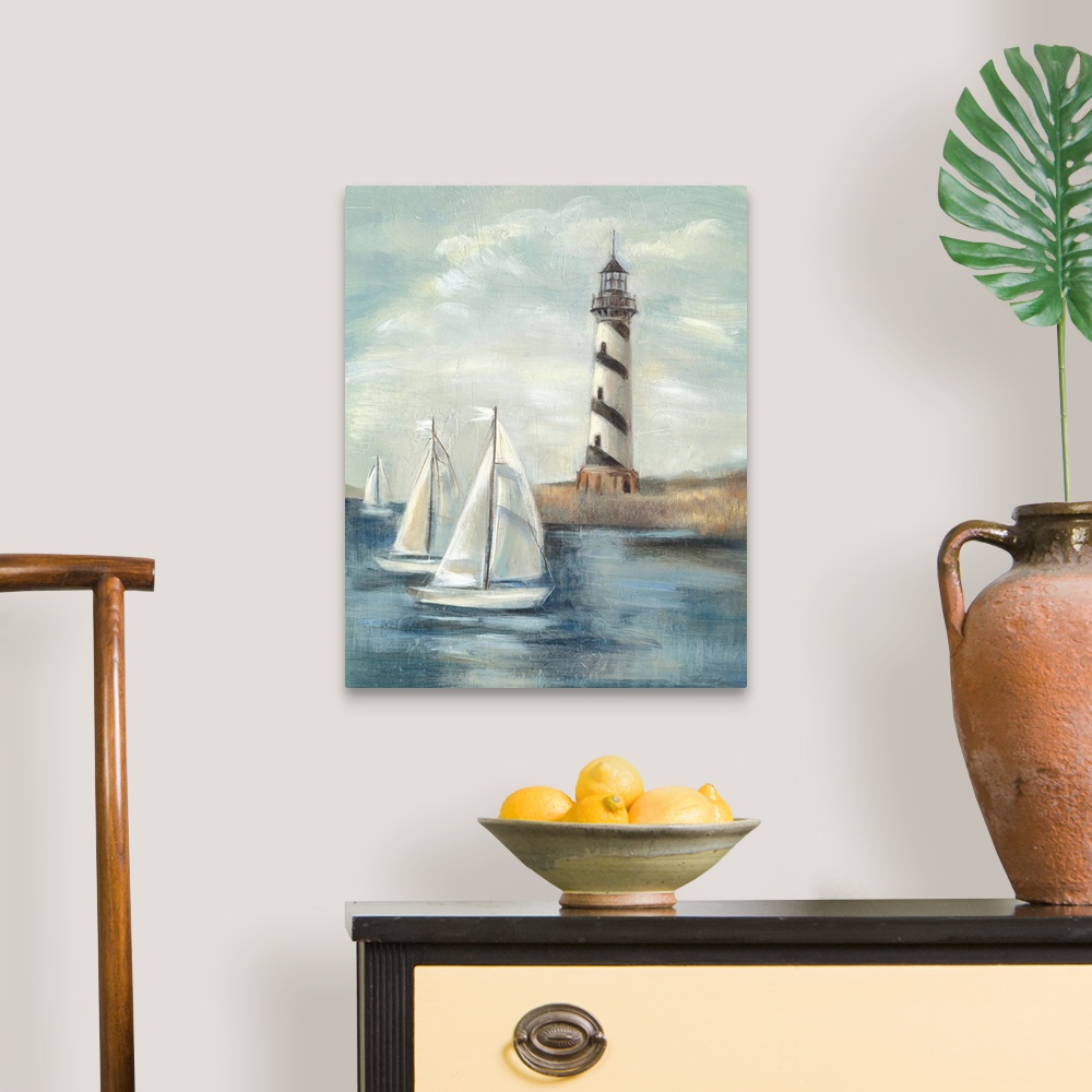 A traditional room featuring Contemporary painting of an idyllic coastal scene, with a lighthouse in the background and sailbo...
