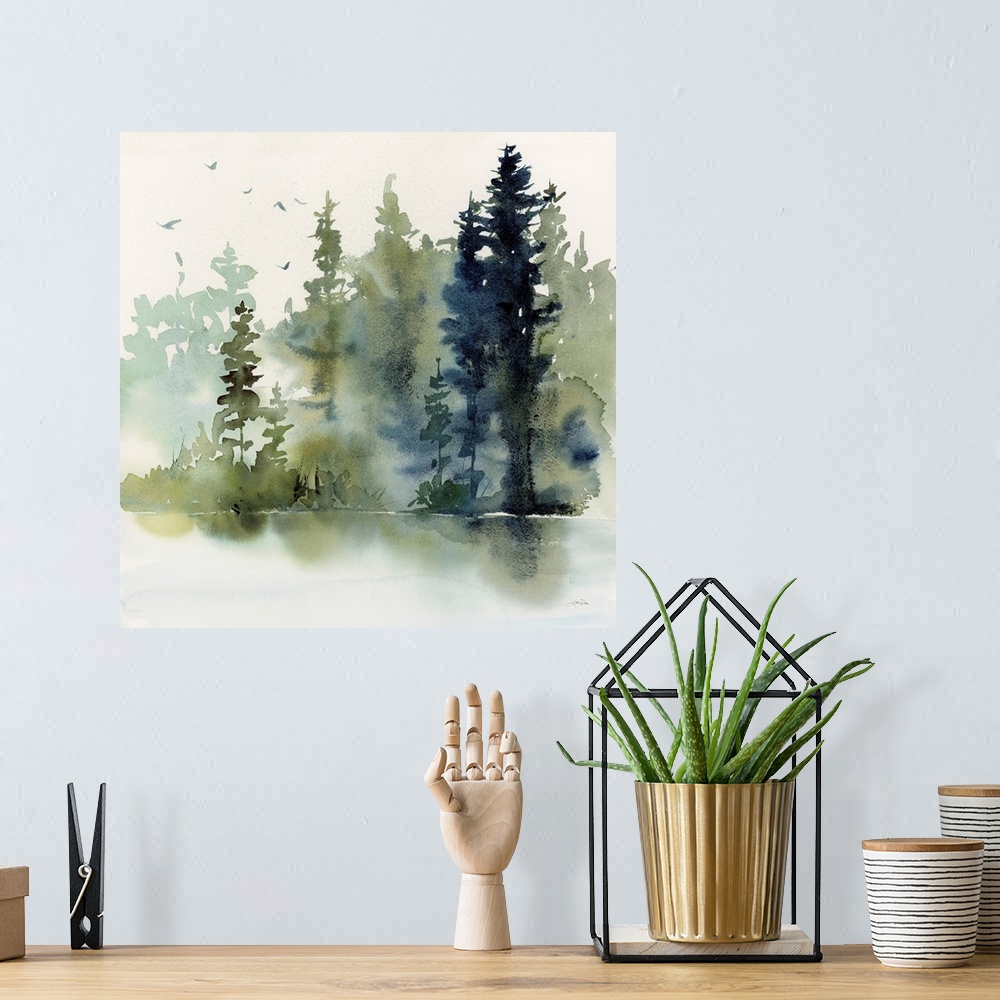 A bohemian room featuring An abstracted contemporary watercolor painting of tall evergreen trees in a misty forest with a l...