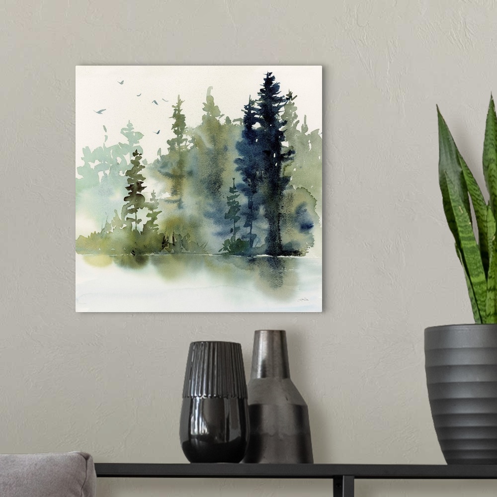 A modern room featuring An abstracted contemporary watercolor painting of tall evergreen trees in a misty forest with a l...