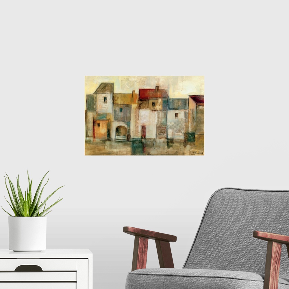 A modern room featuring Oversized wall art for the home or office this is a painting with neutral color palette of abstra...