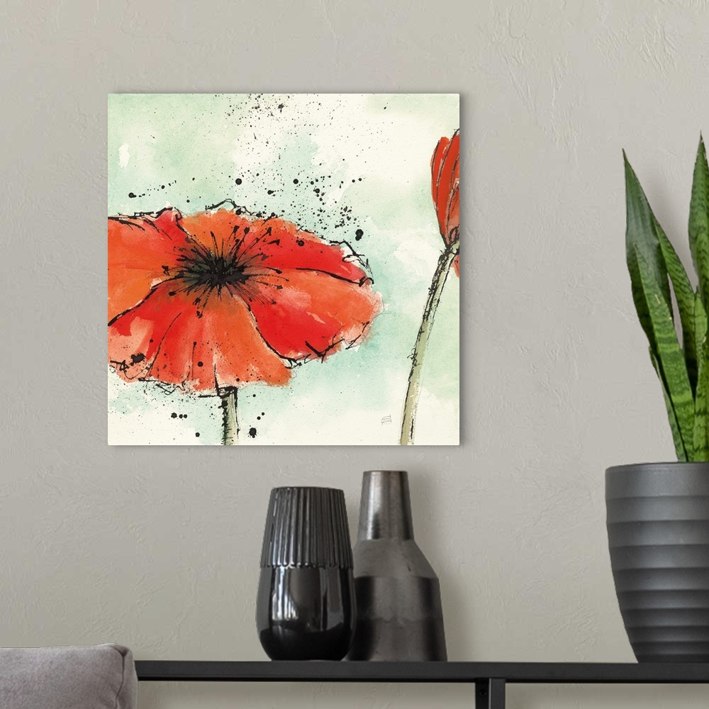 A modern room featuring Square watercolor painting of a red poppy flower on a green and white watercolor background with ...