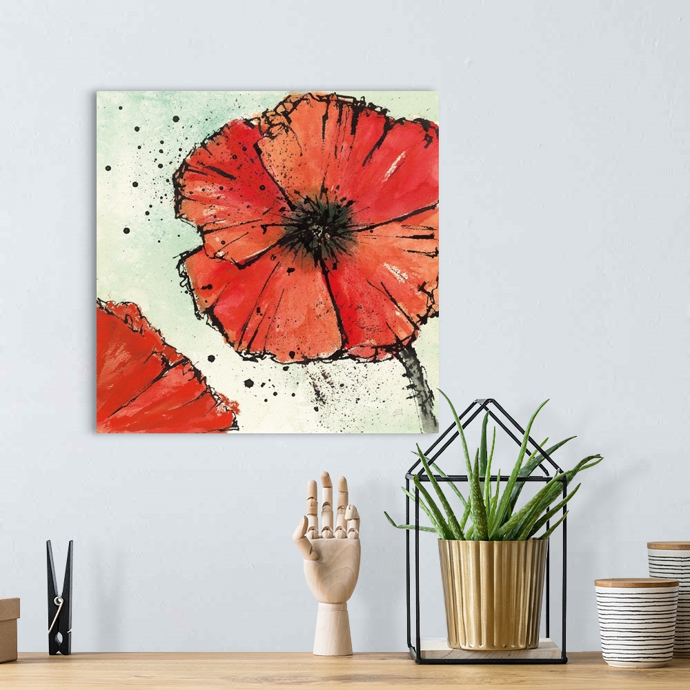 A bohemian room featuring Square watercolor painting of a red poppy flower on a green and white watercolor background with ...